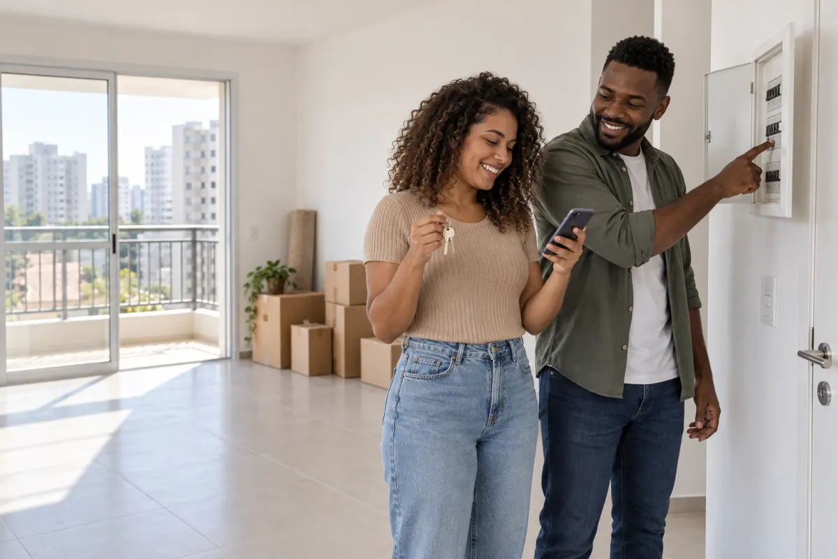 Casal no apartamento recém-entregue confere no celular o que precisa funcionar antes de morar.